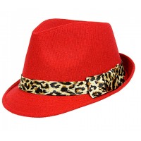 Fedora Hats – 12 PCS Wool-Felt w/ Leopard Print Band - Red - HT-FHT2492RD